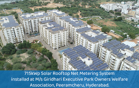 715kWp Solar Rooftop Net Metering System installad at Giridhari Executive Park Owners Welfare Association, Peeramcheru, Hyderabad.
